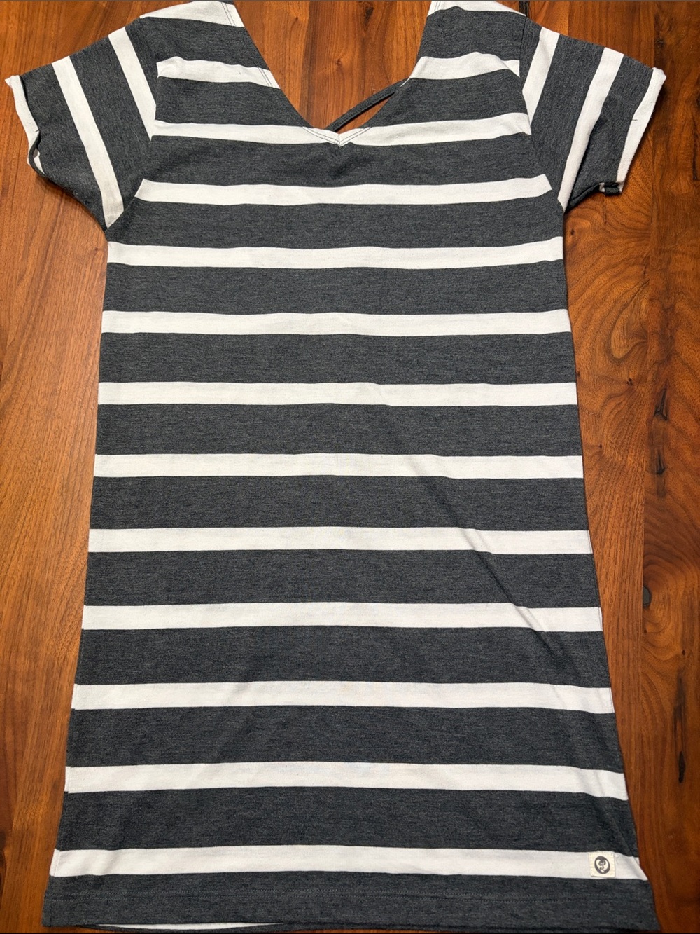 Striped Short-Sleeve V-Neck Women’s Dress in Charcoal and White